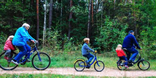 Family out on a bike ride in the forest