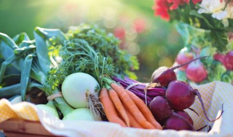 Beets, Onions, Carrots and other fresh food in a basket