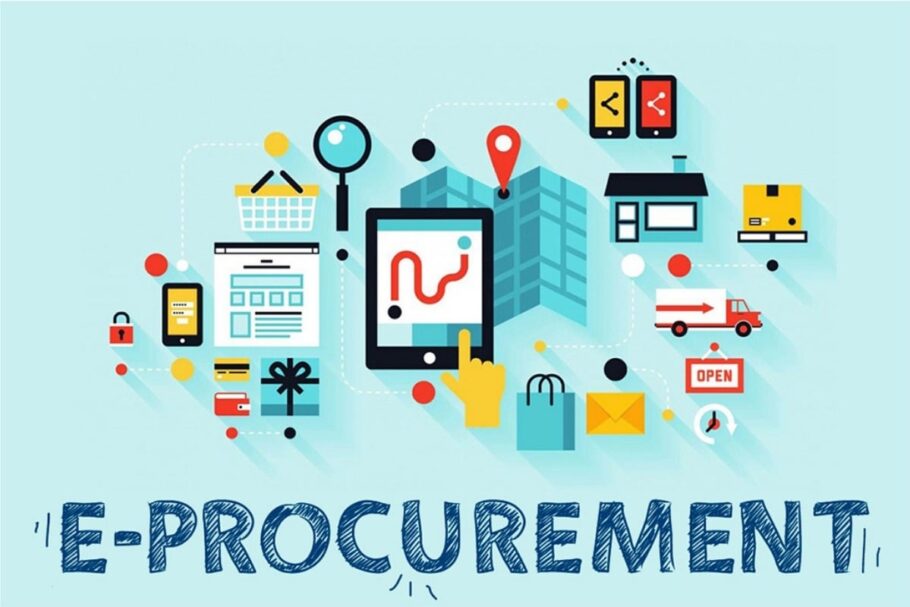 E-Procurement image with icons of phones, graphs, and technology