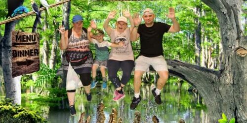 The Hart family having fun at an adventure park in a picture with fake crocodiles