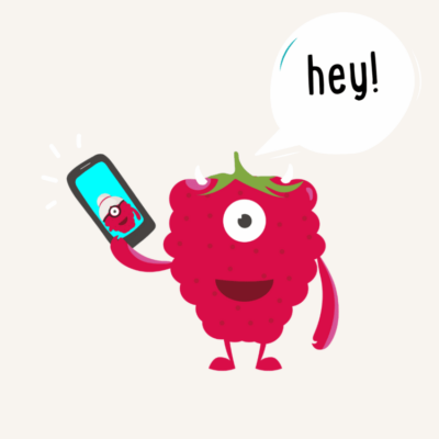 A BeeZee Bodies mascot (a raspberry) connecting to a friend through the phone