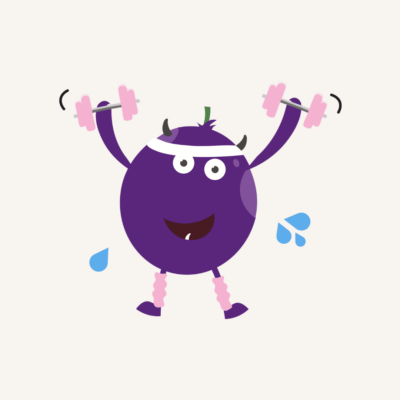 A BeeZee Bodies mascot (a grape) exercising with weights