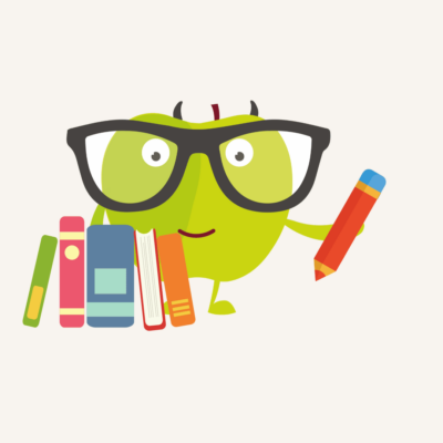 A BeeZee bodies mascot (an apple) wearing glasses and holding books and pencil