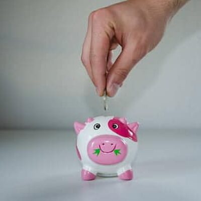 Person putting a coin in a piggy bank