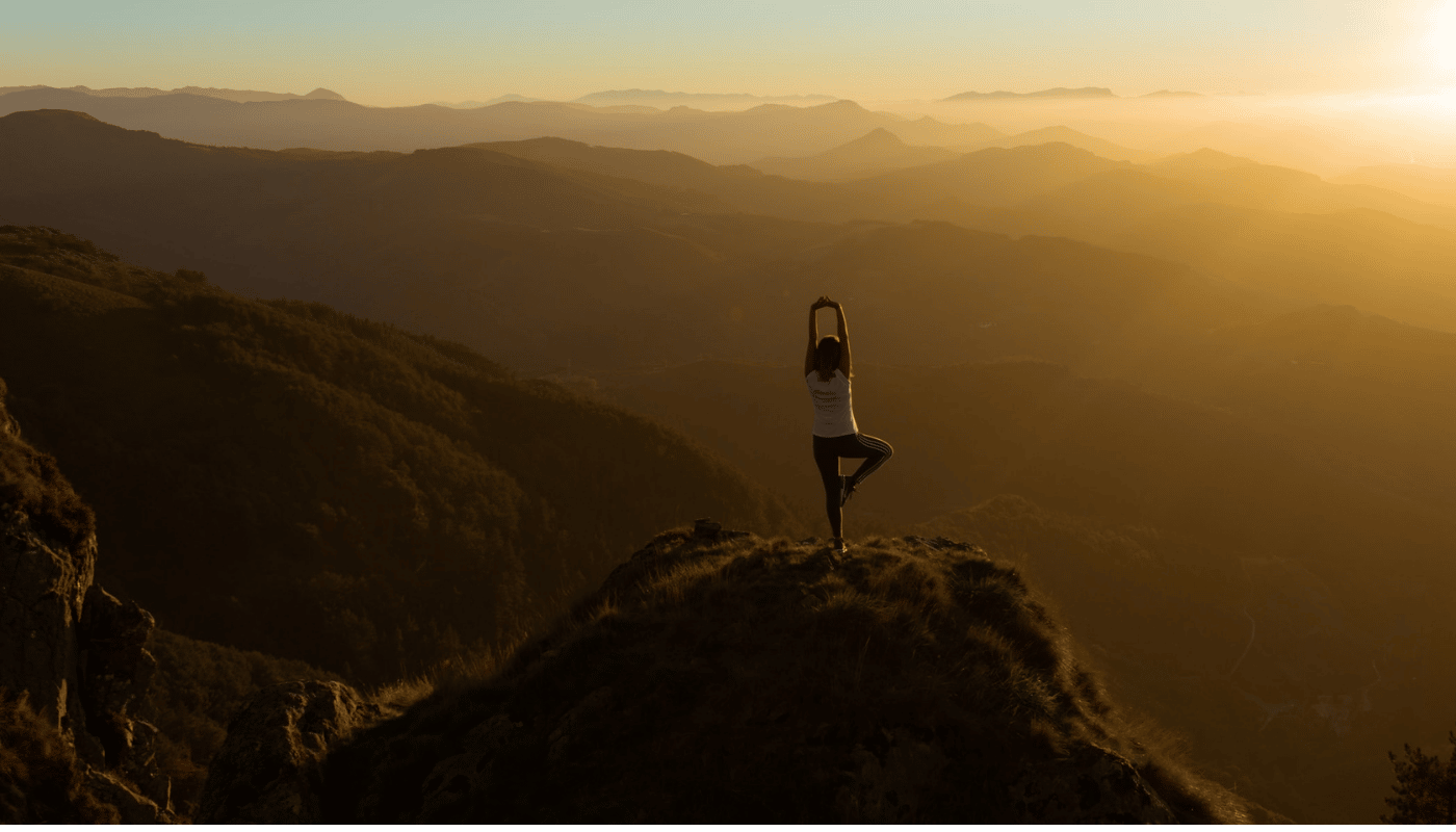 Woman doing yoga at sunrise on top of a mountain